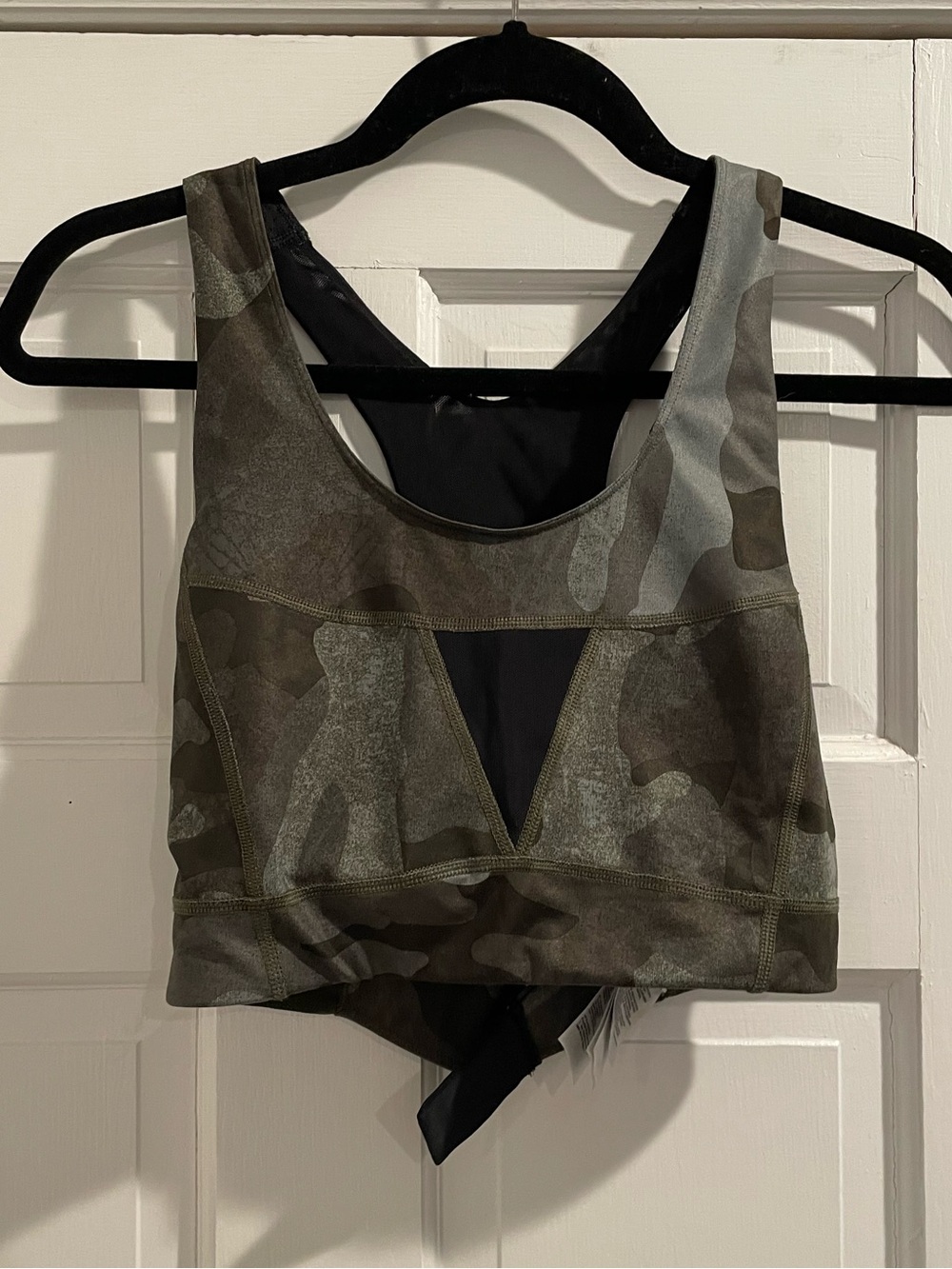 The North Face Olive Green Camo Sports Bra With Mesh Detail